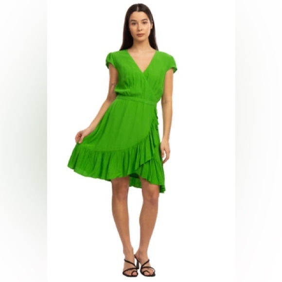 J.CREW Crepe Flounce Dress Green Wrap Front Ruffle Asymmetric Hem - Picture 1 of 9